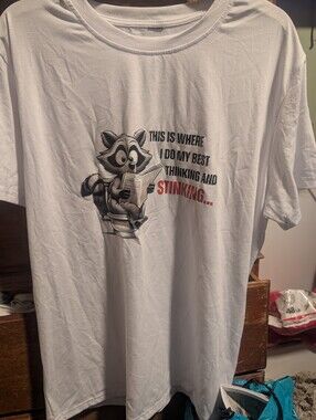 Funny Raccoon On Toilet T-Shirt Thinking And Stinking Graphic Tee White New